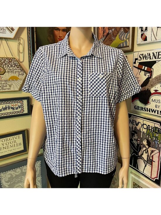Appleseed's Tops - Appleseeds Womens Blue & White Gingham Button-Front Short-Sleeve Shirt 3X Cotton